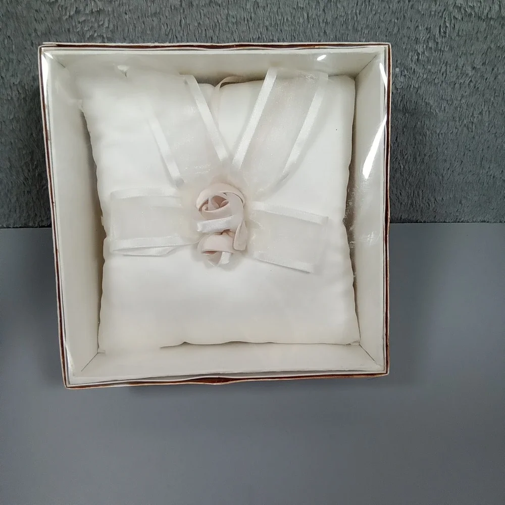 Rum Ivory Satin Ring Bearer Pillow Sheer‎ Bow Rosettes Wedding 6007-0123 NEW